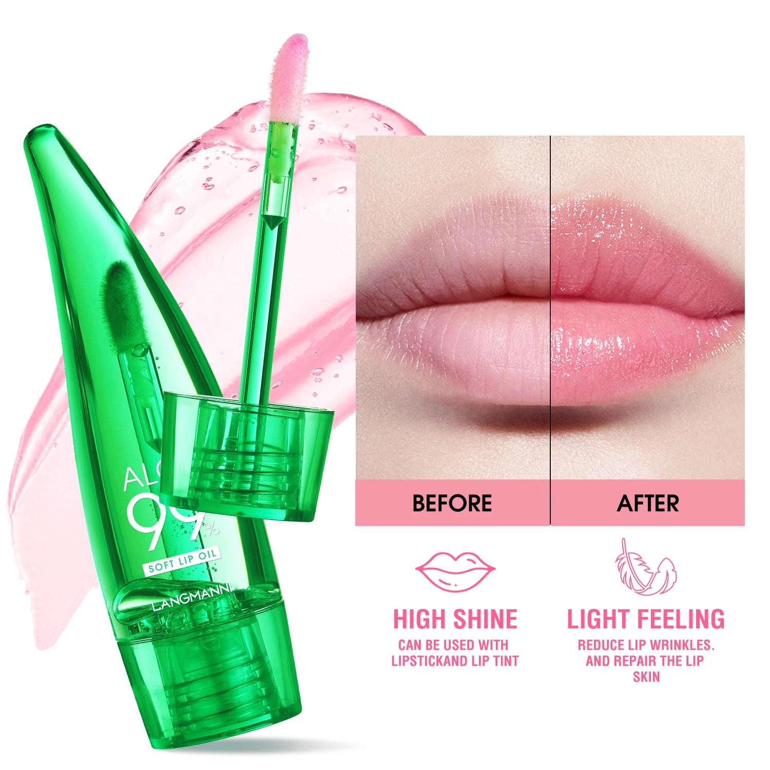 Langmannni Aloe Vera Moisturising Lip Gloss Warm Feeling Colour Changing Lip Glaze Long Lasting Moisture Lip Oil
